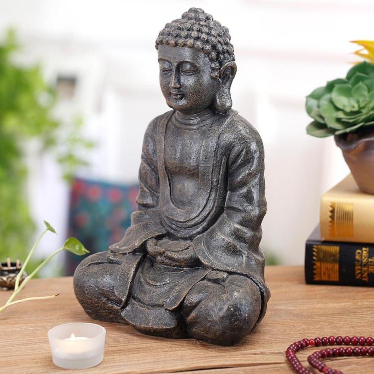 12 Inch Meditating Seated Buddha Statue Figurine with Rustic Gray Finish - MyGift Enterprise LLC