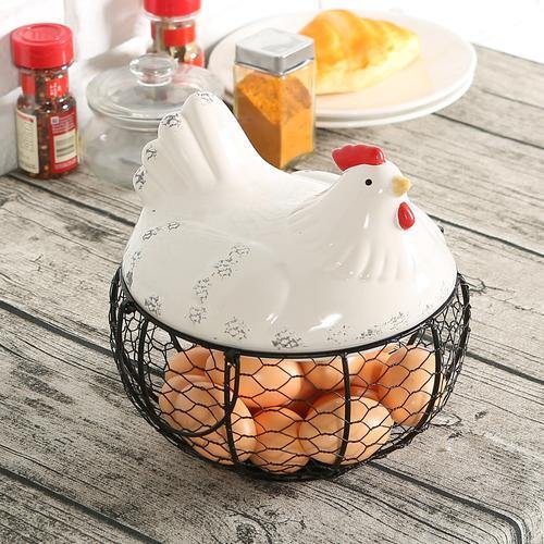 Ceramic Chicken Egg Storage | Mesh Wire Egg Basket with Chicken Top