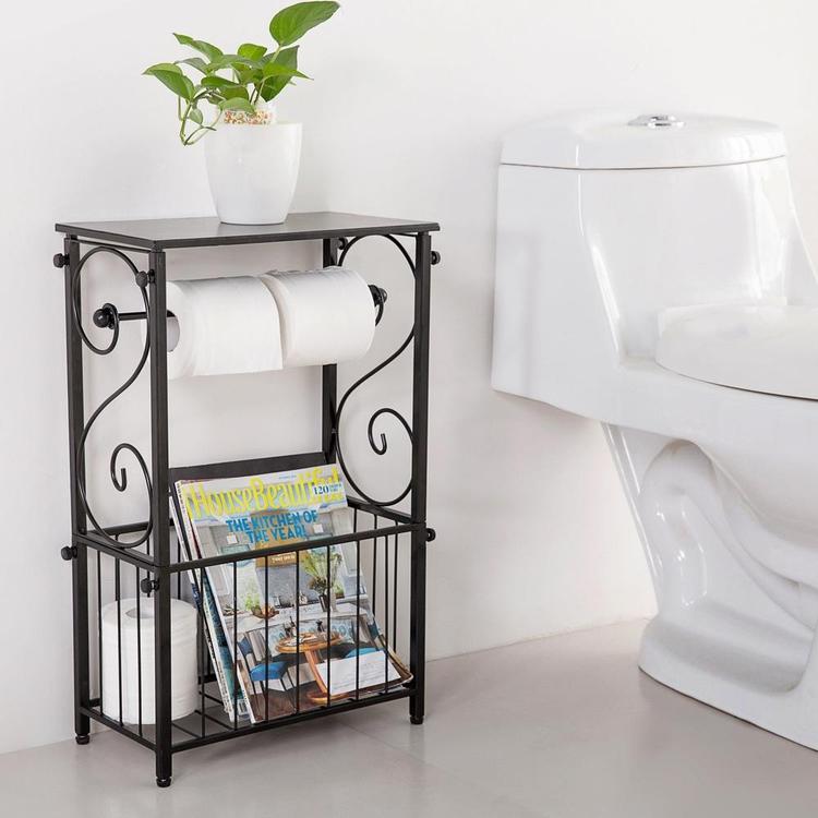 Metal Scroll Design Bathroom Table Shelf w/ Toilet Paper Rod & Magazine Basket - MyGift Enterprise LLC