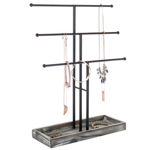 Metal Jewelry Display Stand with Wooden Ring Tray