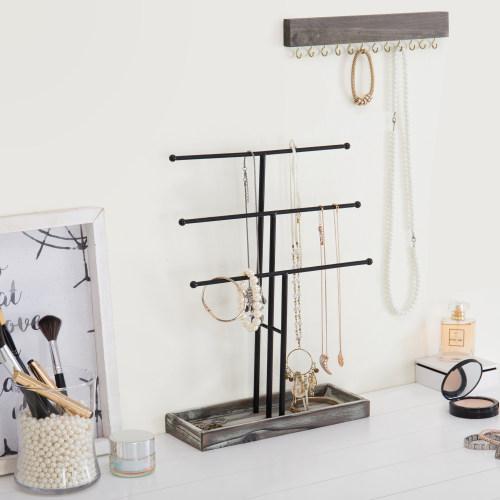 Black Metal Jewelry Display Stand with Wooden Ring Tray