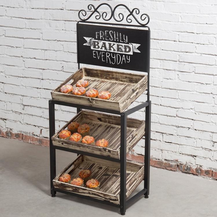 Metal Scrollwork & Rustic Wood Crate Produce Display Stand w/ Chalkboard Sign