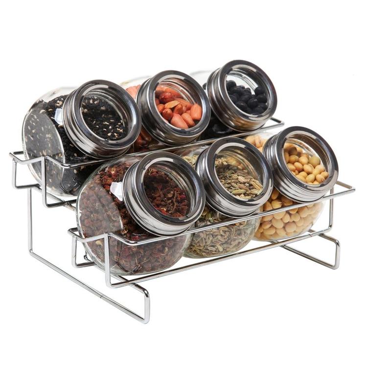 MyGift Metal Spice Container Rack with 6 Glass Jars with Lid 6-oz Jars