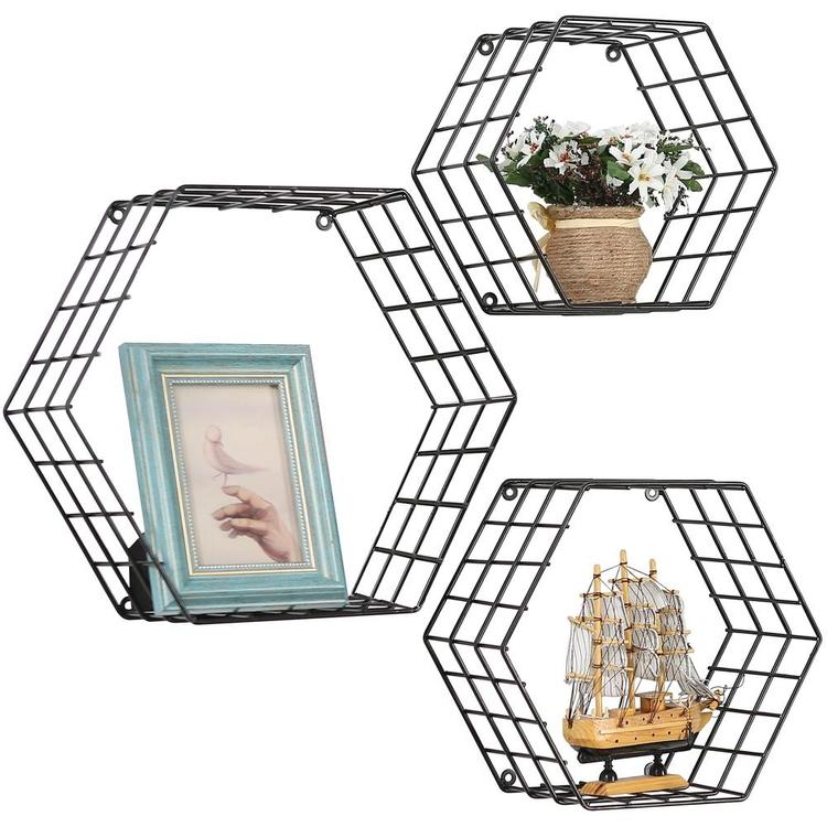 Metal Wire Hexagon Design Wall-Mounted Shelves, Set of 3, Black - MyGift Enterprise LLC