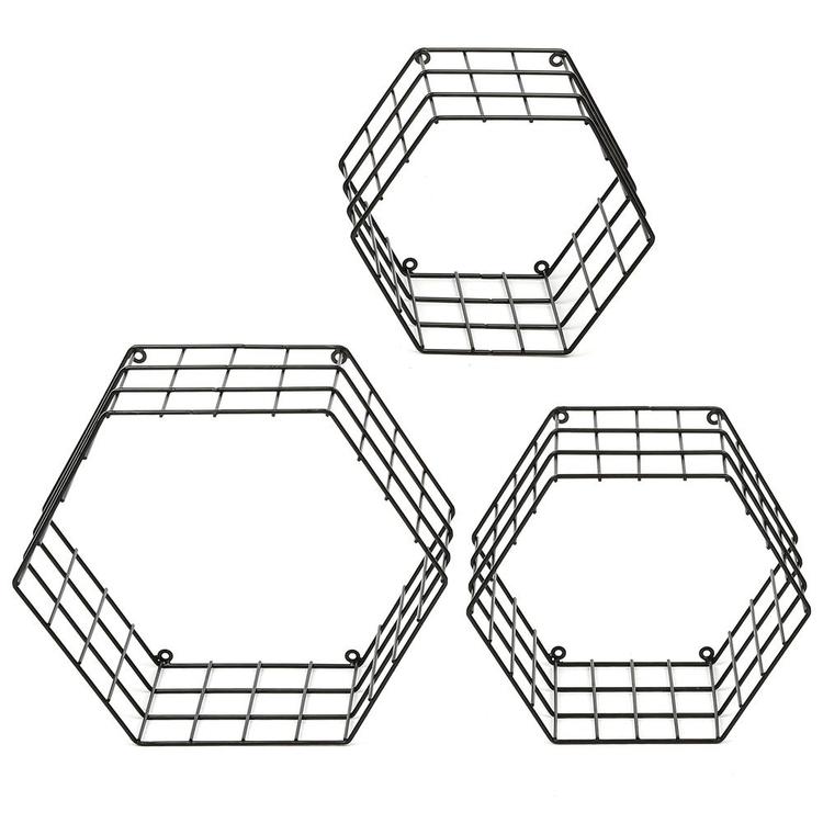 Metal Wire Hexagon Design Wall-Mounted Shelves, Set of 3, Black - MyGift Enterprise LLC