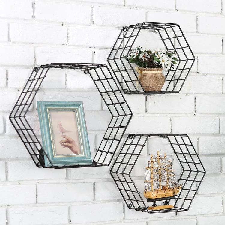 Metal Wire Hexagon Design Wall-Mounted Shelves, Set of 3, Black