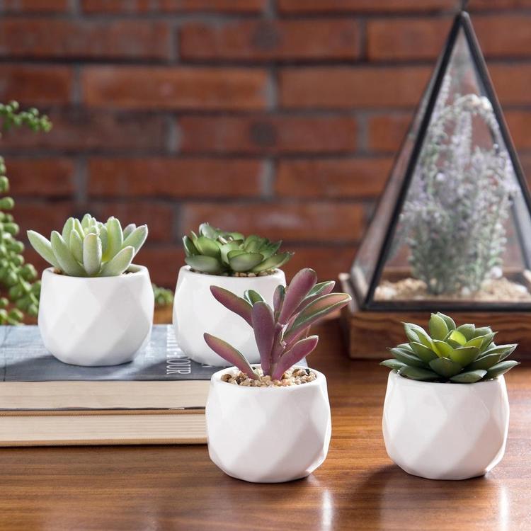 Mini Artificial Succulent Plants in Geometric Ceramic Planter Pots, Set of 4 - MyGift Enterprise LLC