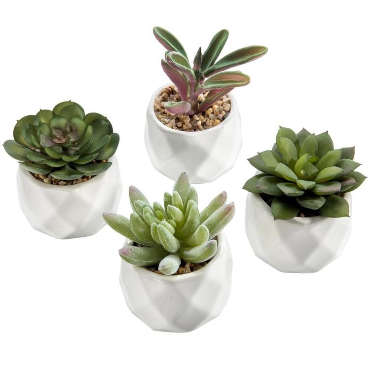 Mini Artificial Succulent Plants in Geometric Ceramic Planter Pots, Set of 4 - MyGift Enterprise LLC