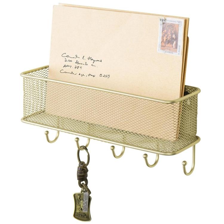 Modern Brass-Tone Wall-Mounted 5 Key Hook Rack with Metal Wire Mesh Mail Basket - MyGift Enterprise LLC