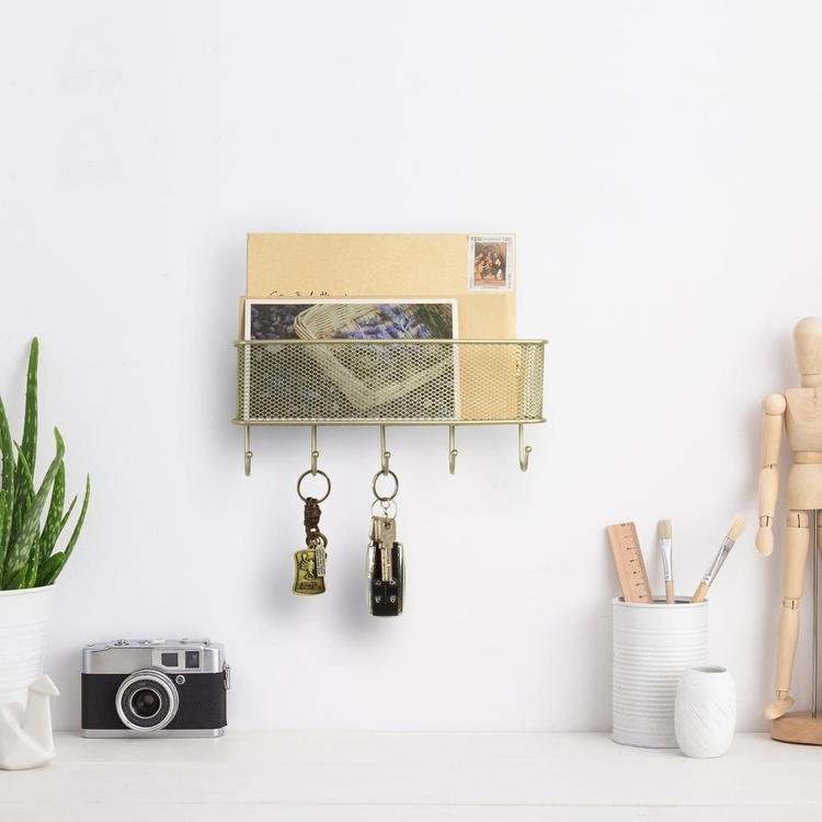 Modern Brass-Tone Wall-Mounted Metal Entryway Rack with Hooks