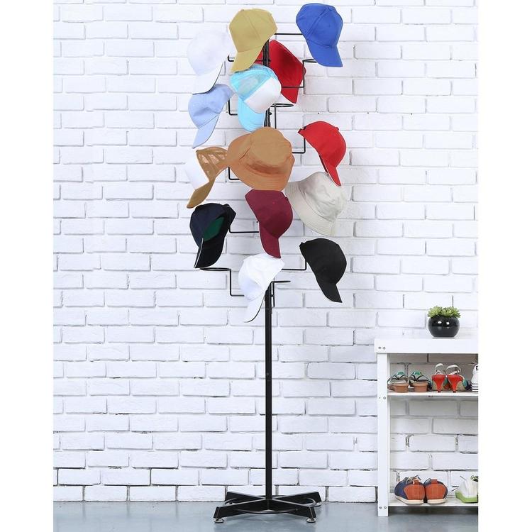 Modern Black Metal Freestanding Customizable Retail Hat Rack / Wig Display Stand w/ 20 Circular Hat Hooks - MyGift Enterprise LLC