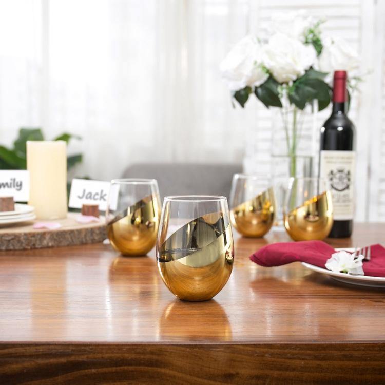 MyGift Modern Stemless Wine Glass Set of 6, White or Red Wine Glasses with  Brass Metallic Bottom Angled Design