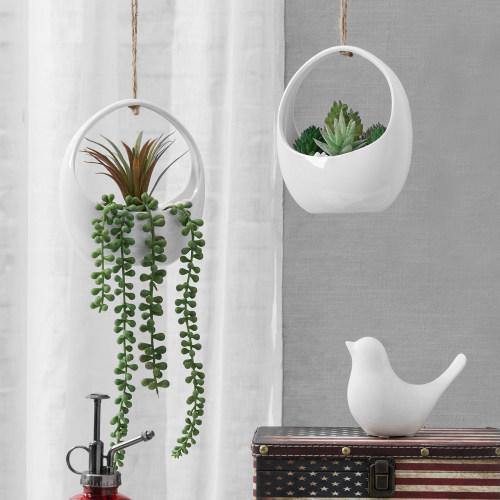 Modern White Ceramic Hanging Planters with Twine Rope, Set of 2