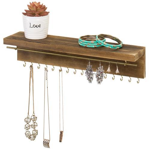 Modern Wood & Brass Jewelry Display Rack with Shelf