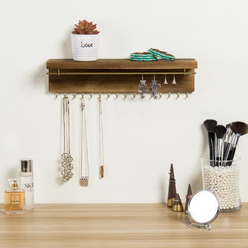 Modern Wood & Brass Jewelry Display Rack with Shelf