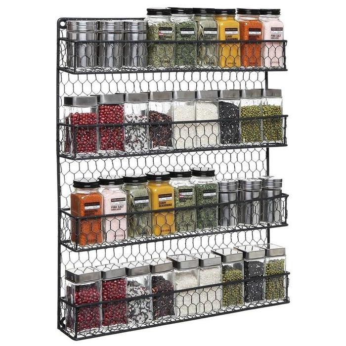 MyGift 4 Tier Black Country Rustic Chicken Wire Pantry, Cabinet or Wall Mounted Spice Rack Storage Organizer