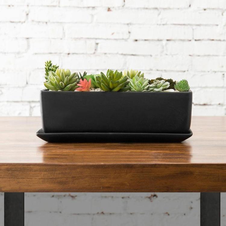 5 inch planter with saucer Rectangular Ceramic Succulent Planter with Saucer, Black 14 Inches