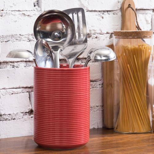 Red Ribbed Ceramic Kitchen Utensil Holder - MyGift