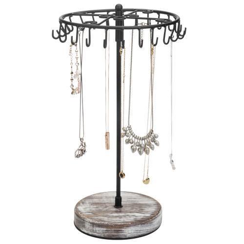 Rotating Black Metal Jewelry Organizer Tower with Torched Wood Base - MyGift