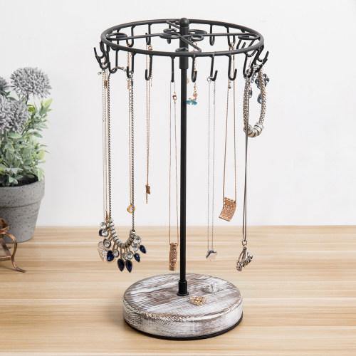 Rotating Black Metal Jewelry Organizer Tower with Torched Wood Base