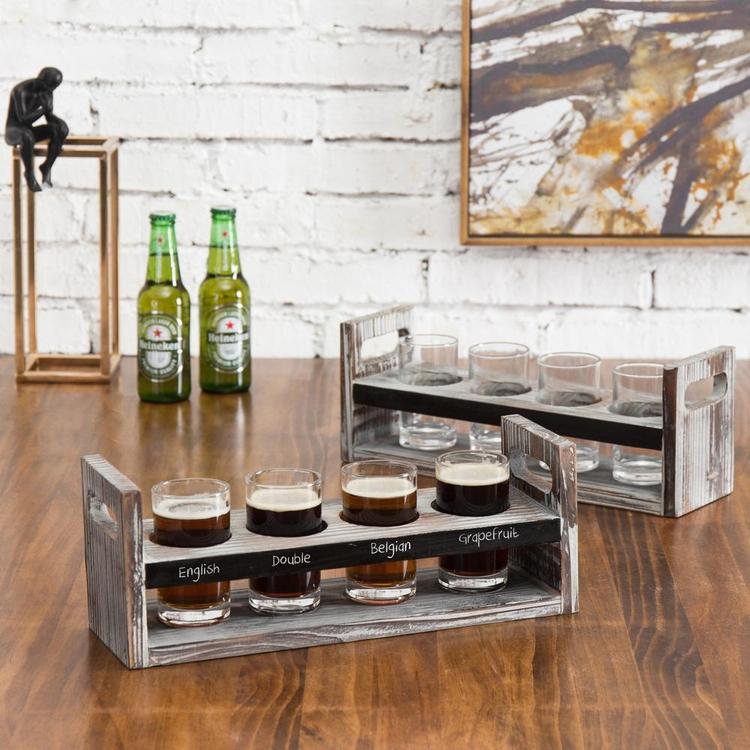 Set of 2 Torched Wood Beer Flight Serving Caddies with Chalkboard Panels & 4 Tasting Glasses - MyGift Enterprise LLC
