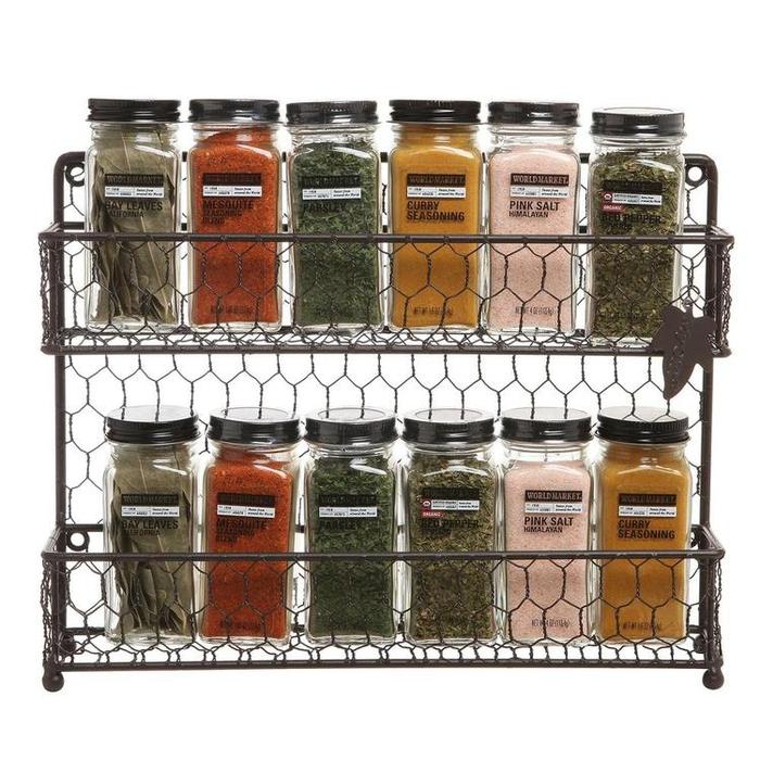 Rustic Brown Dual Tier Wire Spice Rack Jars Storage Organizer