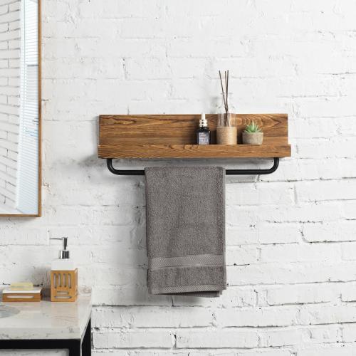 Rustic Burnt Wood & Metal Pipe Shelf with Towel Rack