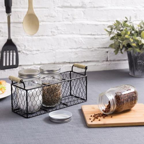 Rustic Chicken Wire Condiment/Utensil Caddy with Mason Jars - MyGift