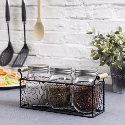 Rustic Chicken Wire Condiment/Utensil Caddy with Mason Jars - MyGift