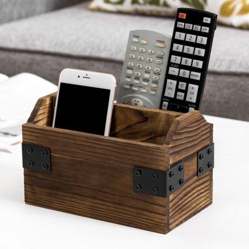 Rustic Dark Brown Burnt Wood Remote Control Holder Black Metal