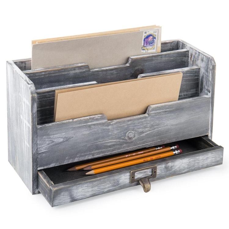 Rustic Gray Wood Desktop Mail Sorter with Pen & Pencil Drawer