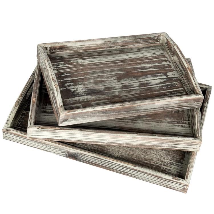 Rustic Torched Wood Nesting Breakfast Serving Trays with Handles, Set of 3