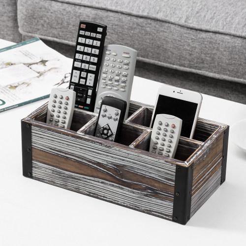 Revolving Wood Desk Organizer - 4 Compartment Rotating Remote Control Holder & Office Supply Caddy