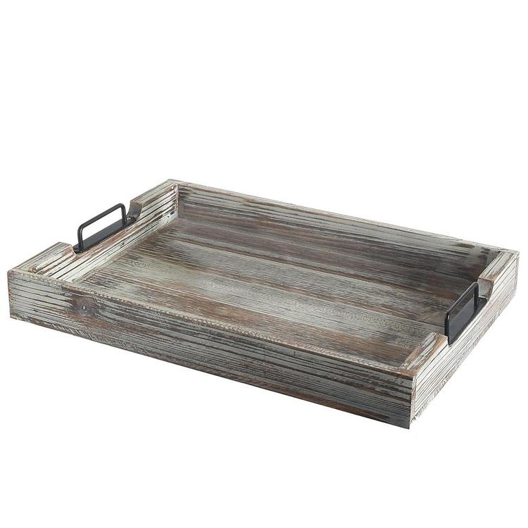 Distressed Torched Wood 20-Inch Serving Tray with Modern Black Metal Handles - MyGift Enterprise LLC