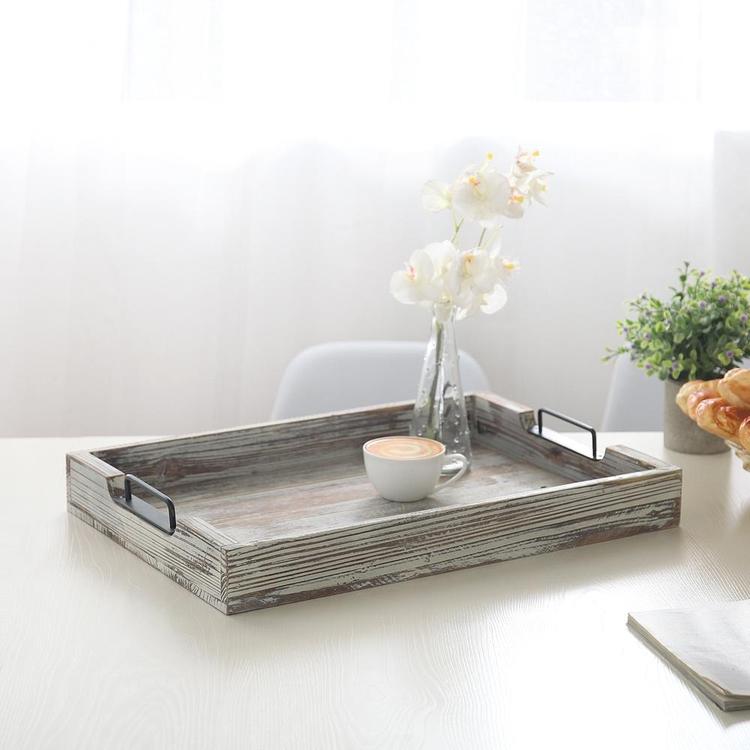 Rustic Torched Wood Serving Tray with Metal Handles