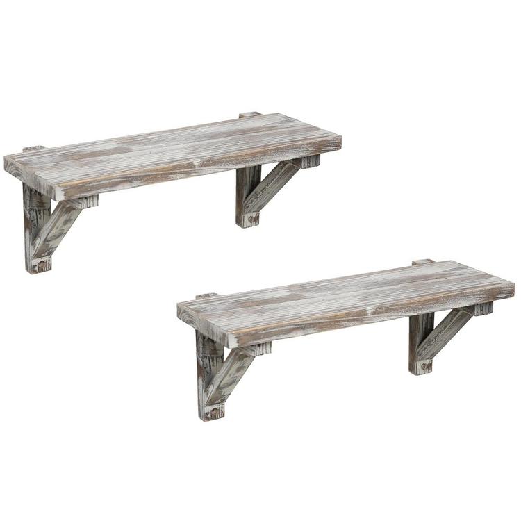Rustic Torched Wood Wall-Mounted Display Shelves with Wooden Brackets, Set of 2 - MyGift Enterprise LLC