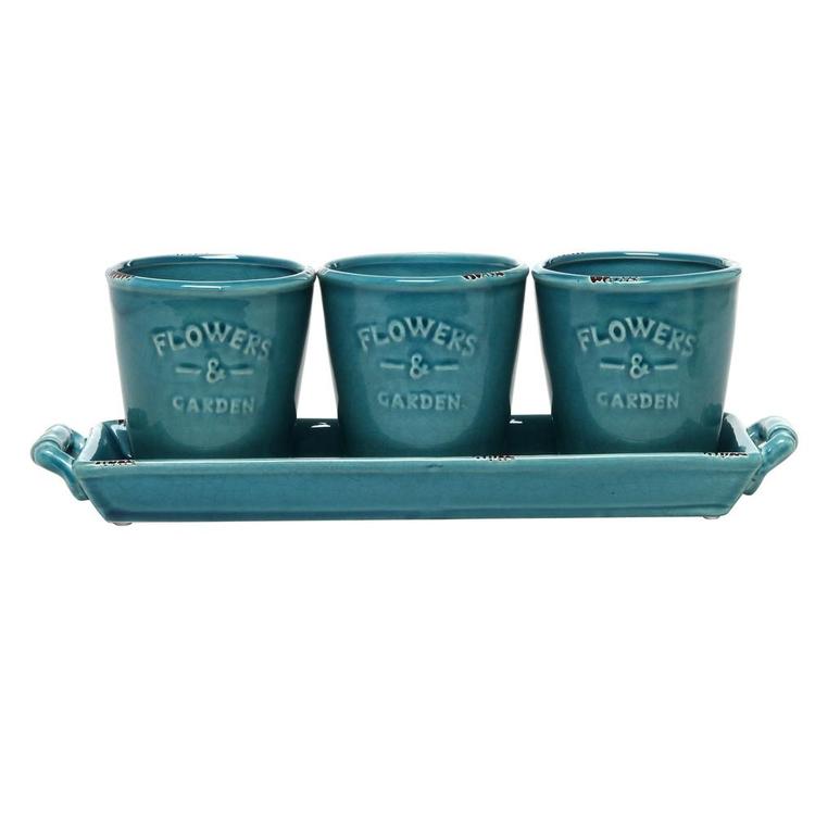 Rustic Turquoise Ceramic Succulent Planters & Handled Display Tray, Set of 3 - MyGift Enterprise LLC