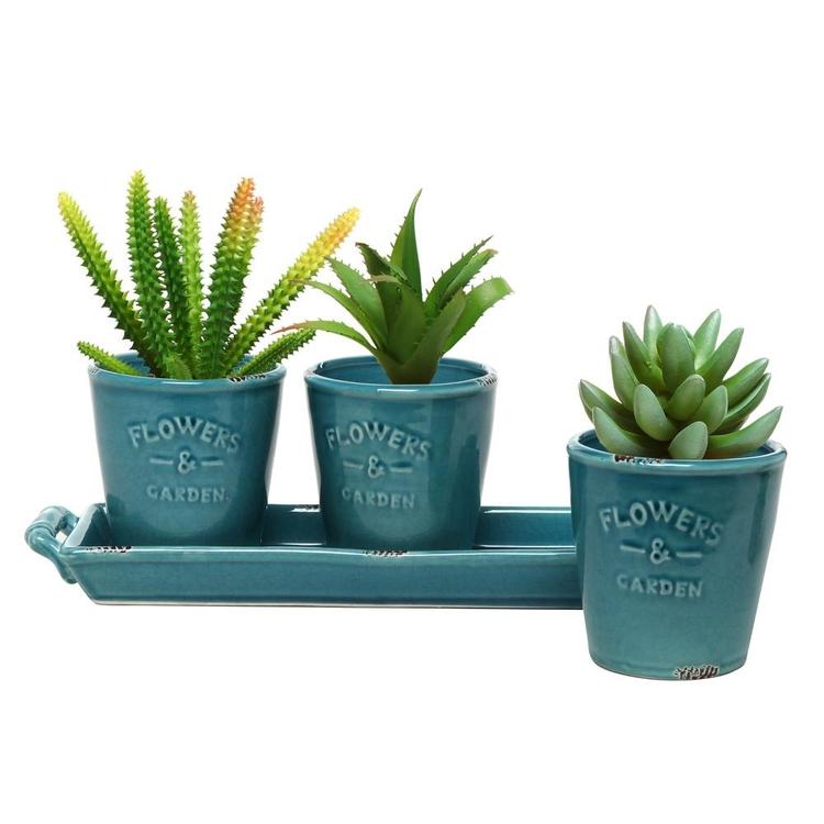 Rustic Turquoise Ceramic Succulent Planters & Handled Tray, Set of 3
