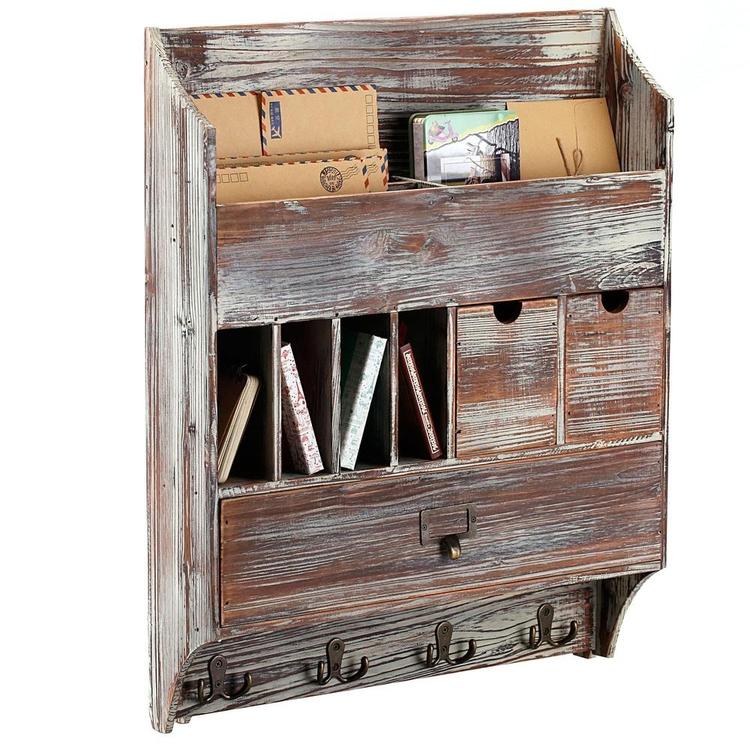 Rustic Wall Mounted Wood Coat Rack w/ Mail Slots & 3 Drawers