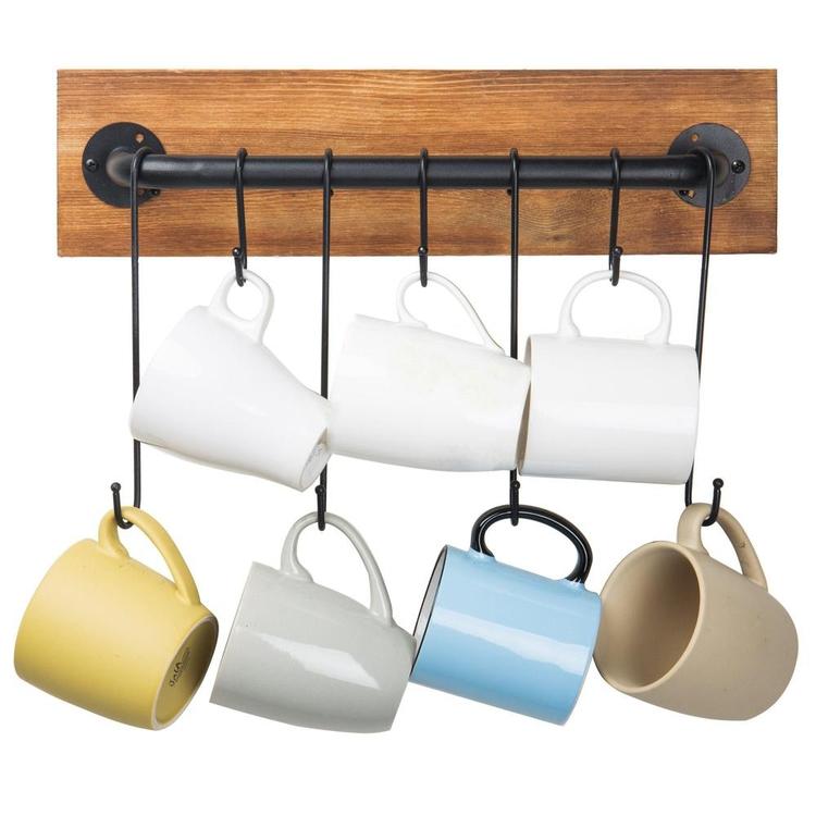 7-Hook Rustic Wood & Metal Wall-Mounted Cup Rack - MyGift Enterprise LLC