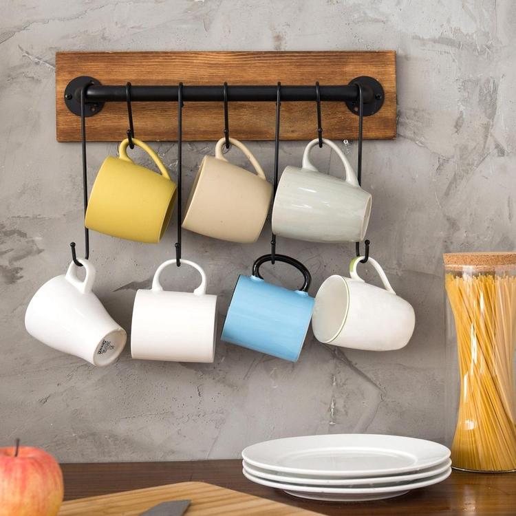 Rustic Wall Mounted Wood & Metal Wall Cup Rack