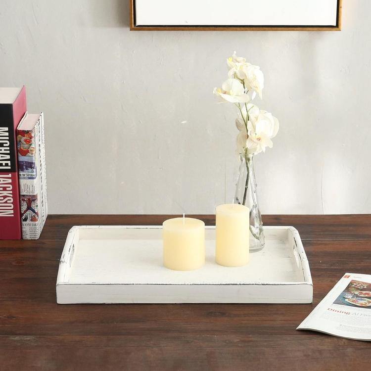 Rustic Whitewashed Wood Serving Tray with Cutout Handles