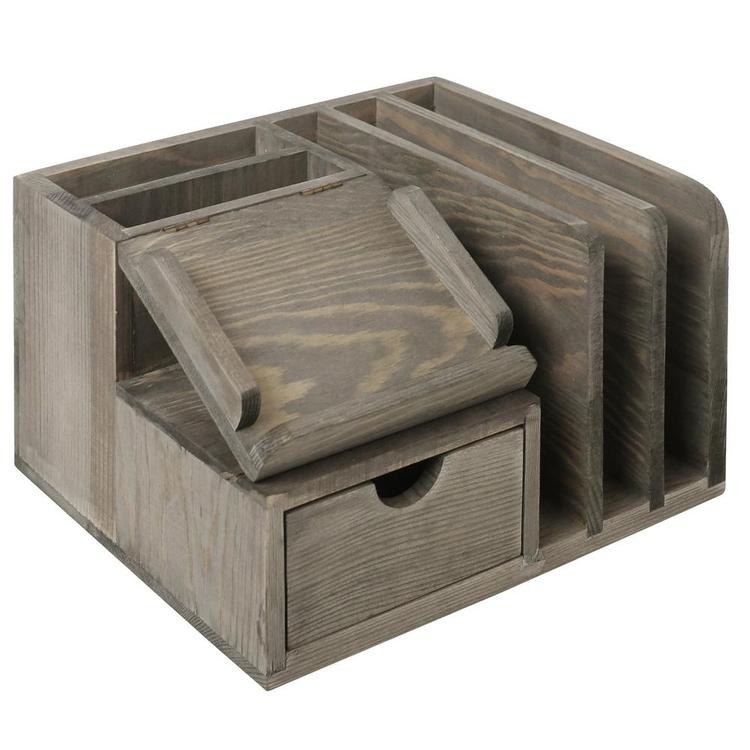 Rustic Wood Desktop Organizer w/ Notepad Holder, Mail Slots & Pullout Drawer - MyGift Enterprise LLC