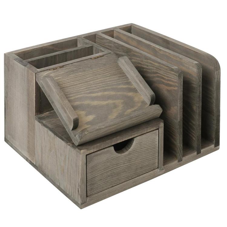 Rustic Wood Desktop Organizer w/ Notepad Holder, Mail Slots & Pullout Drawer - MyGift Enterprise LLC