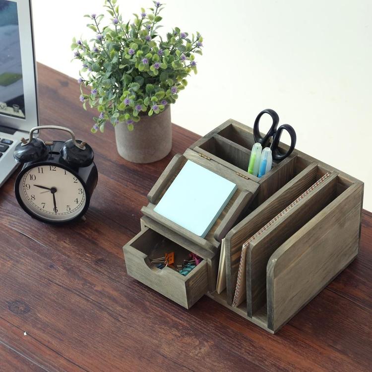 Gray Wood Desktop Organizer w/ Notepad Holder