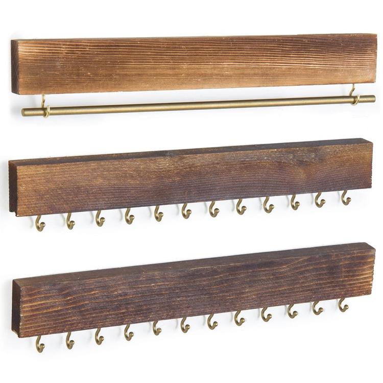 Rustic Wood & Gold Tone Metal Jewelry Hook Racks with Earring Bar, Set of 3 - MyGift Enterprise LLC