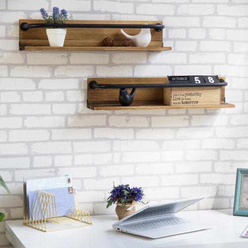 Rustic Wood & Pipe Wall-Mounted 6-Bottle Wine Rack, Set of 2 - MyGift