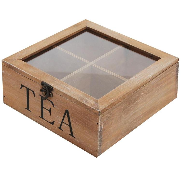 Rustic Wood Tea Storage Box with Clear Lid, Brown