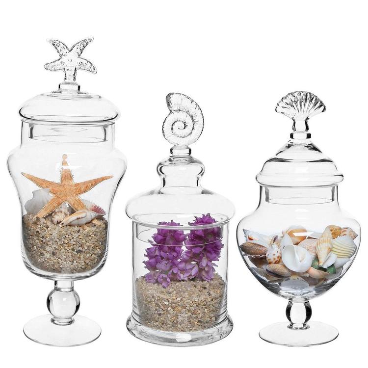 Seashell Handle Clear Glass Apothecary Jars, Set of 3