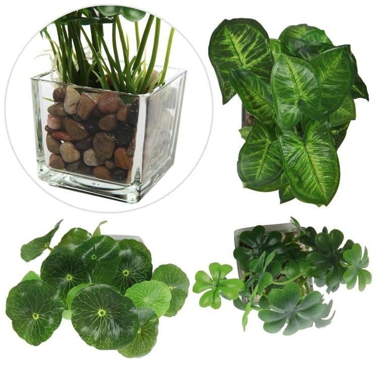 Set of 3 Artificial Plants, Faux Tabletop Greenery w/ Clear Glass Pots - MyGift Enterprise LLC